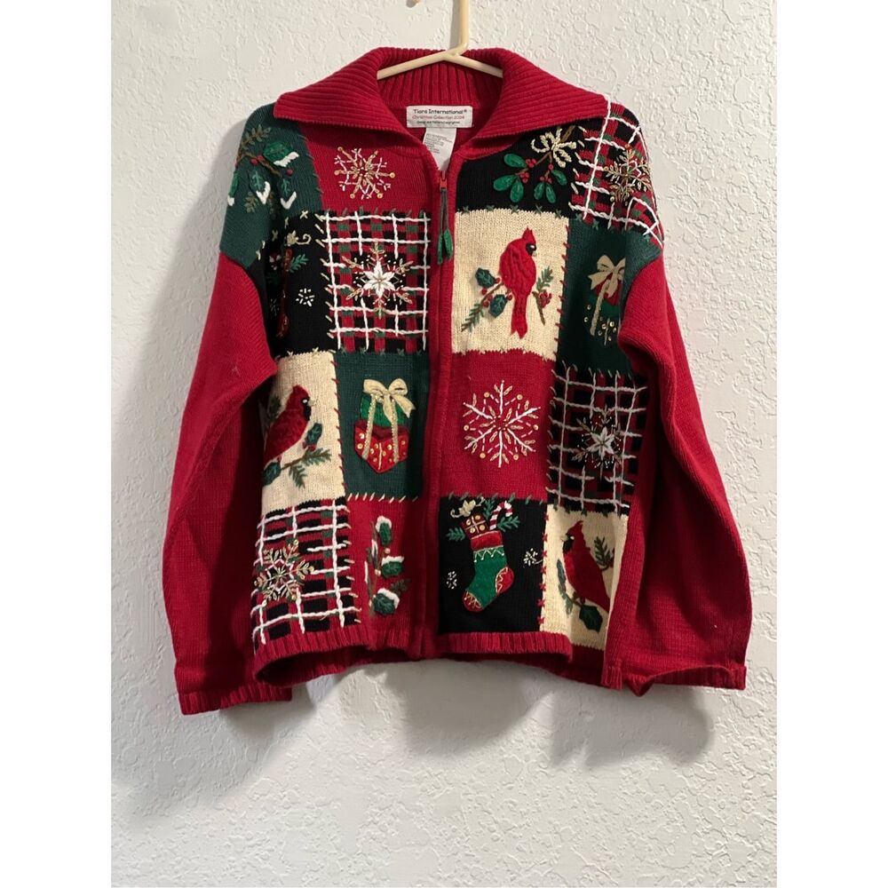Vintage Tiara International Christmas  Cardinal Motif Cardigan Sweater  Medium